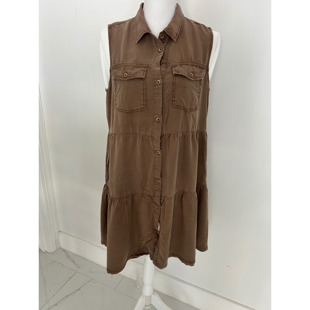 Velvet Heart Brown Tencel Sleeveless Tiered Shirt Dress Pockets 6WT-50815A M